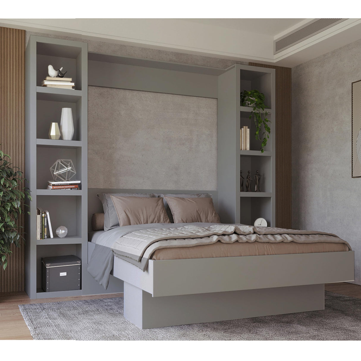 Oakland Living Easy-Lift Queen Murphy Wall Bed in Grey with Two Bookshelves Oakland Living