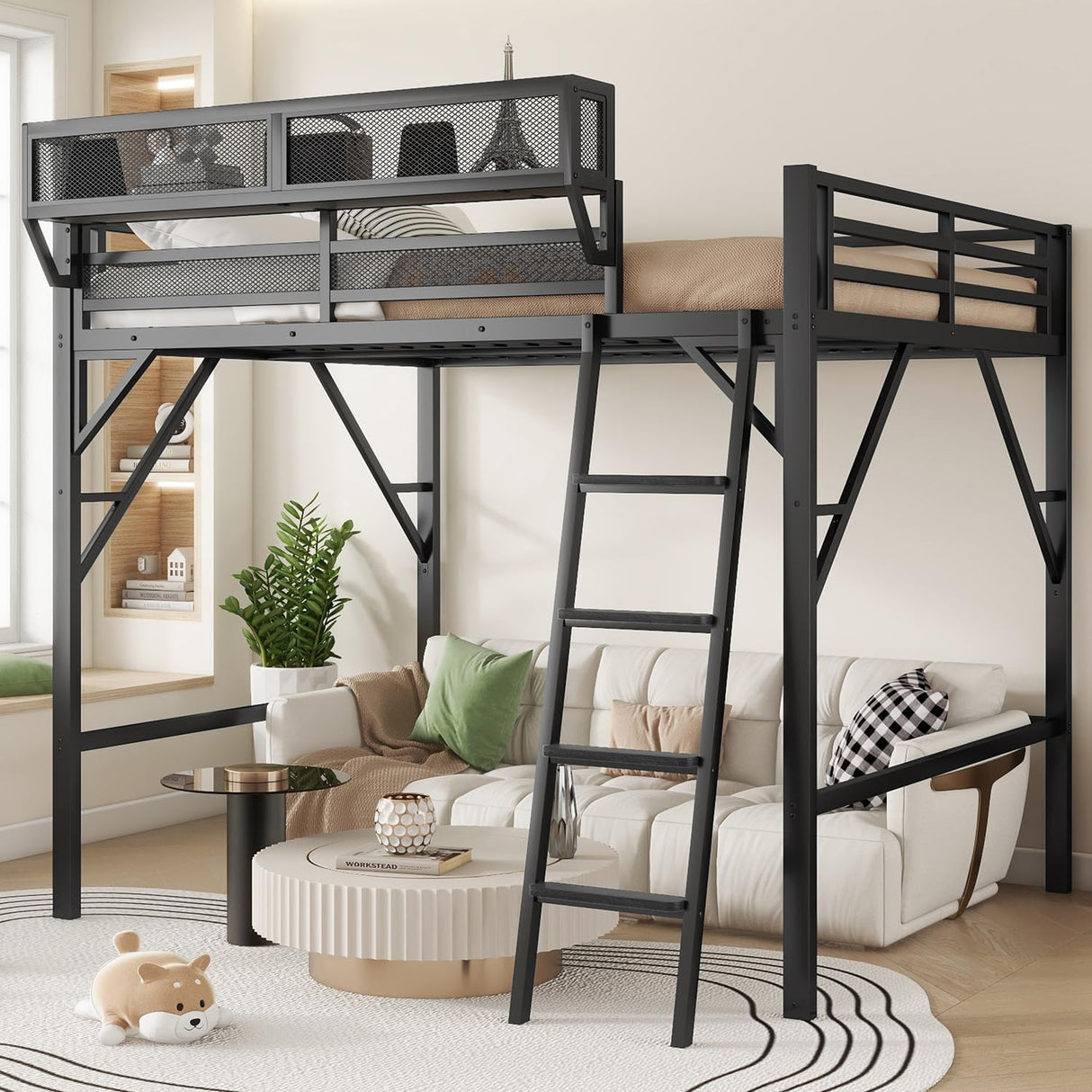 YHUBHSIS Queen Size Loft Bed with Ladder and Large Under-Bed Space, Black Metal Loft Bed with Storage Shelves, Heavy Duty Metal High Bedframe w/Safety Guardrails for Kids Teens (Black, Queen) YHUBHSIS