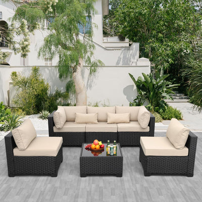 Rattaner Patio Sectional 6 Pieces All-Weather Wicker Patio Furniture Set Outdoor Sectional with Glass Patio Table Non-Slip Cushions and Waterproof Covers, Khaki