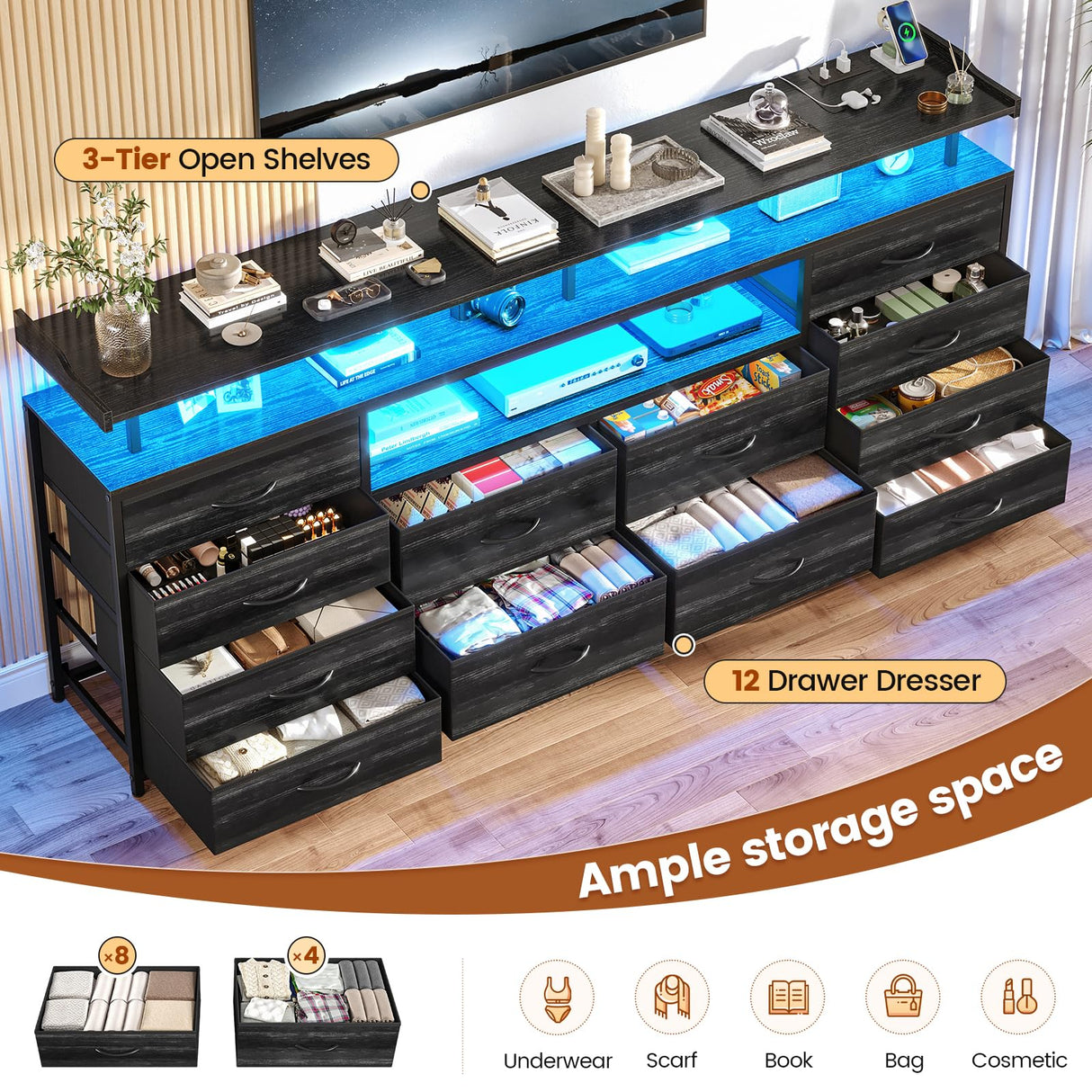 BTHFST 12 Drawers TV Stand Dresser for 65/70 inch TV, Entertainment Center with LED Lights & Power Outlets, 63" Large LED TV Stand, TV Console for Bedroom BTHFST