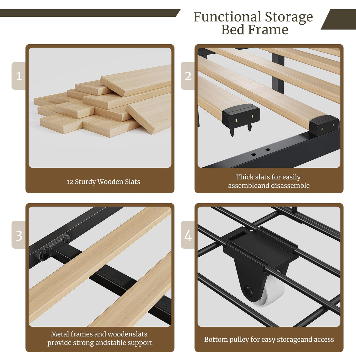 EnHomee LED Queen Bed Frame with Adjustable Headboard & 3 Storage Drawers in Beige EnHomee