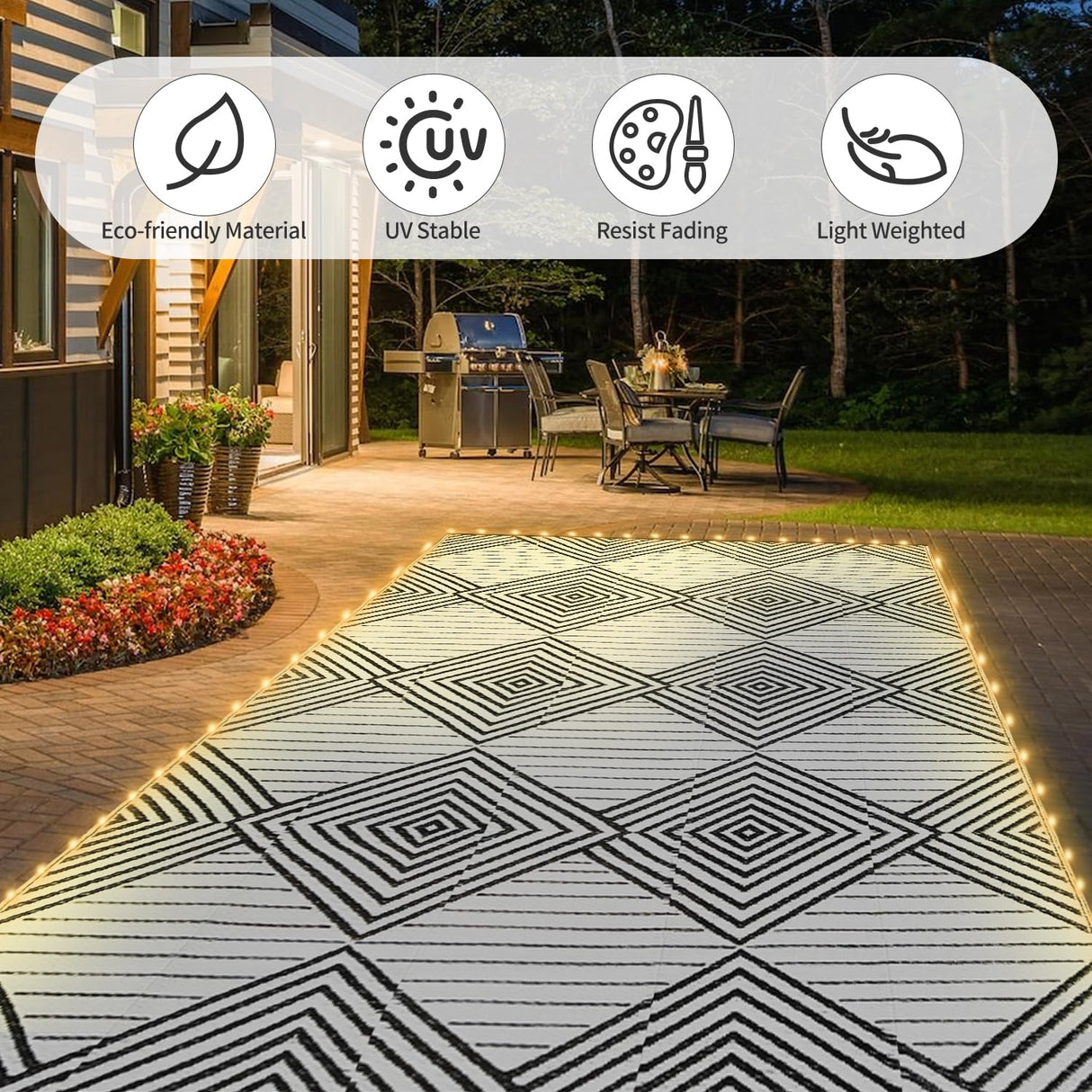 6x9ft Waterproof Outdoor Rug with LED Lights, Foldable Reversible Plastic Straw Mat for Patio RV Camping Picnic Balcony Beach Deck Indoor Outdoor Carpet, Black&White DiiKoo