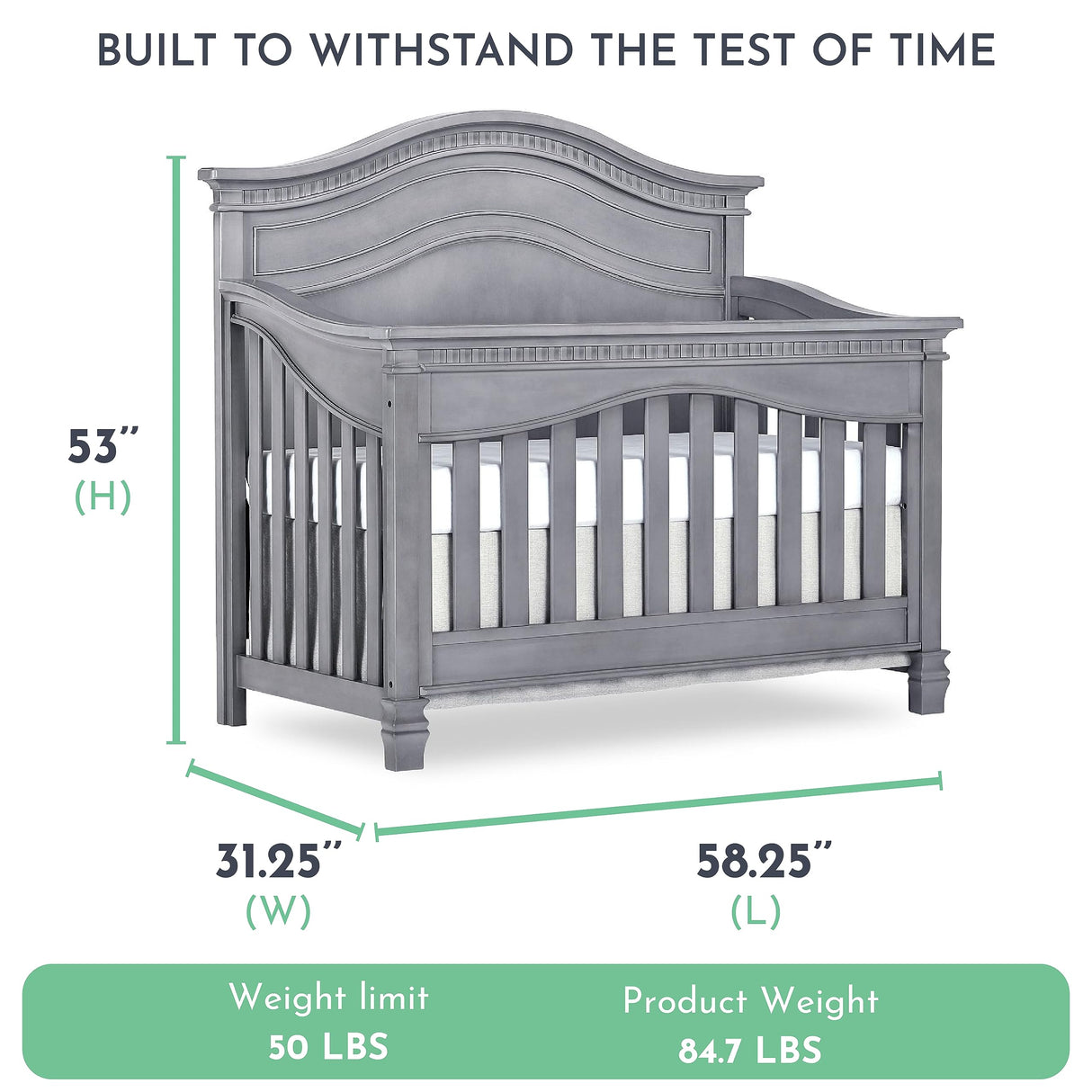 Evolur Cheyenne 5 in 1 Full Panel Convertible Crib, Storm Grey 58.25x31.25x53 Inch (Pack of 1) Evolur