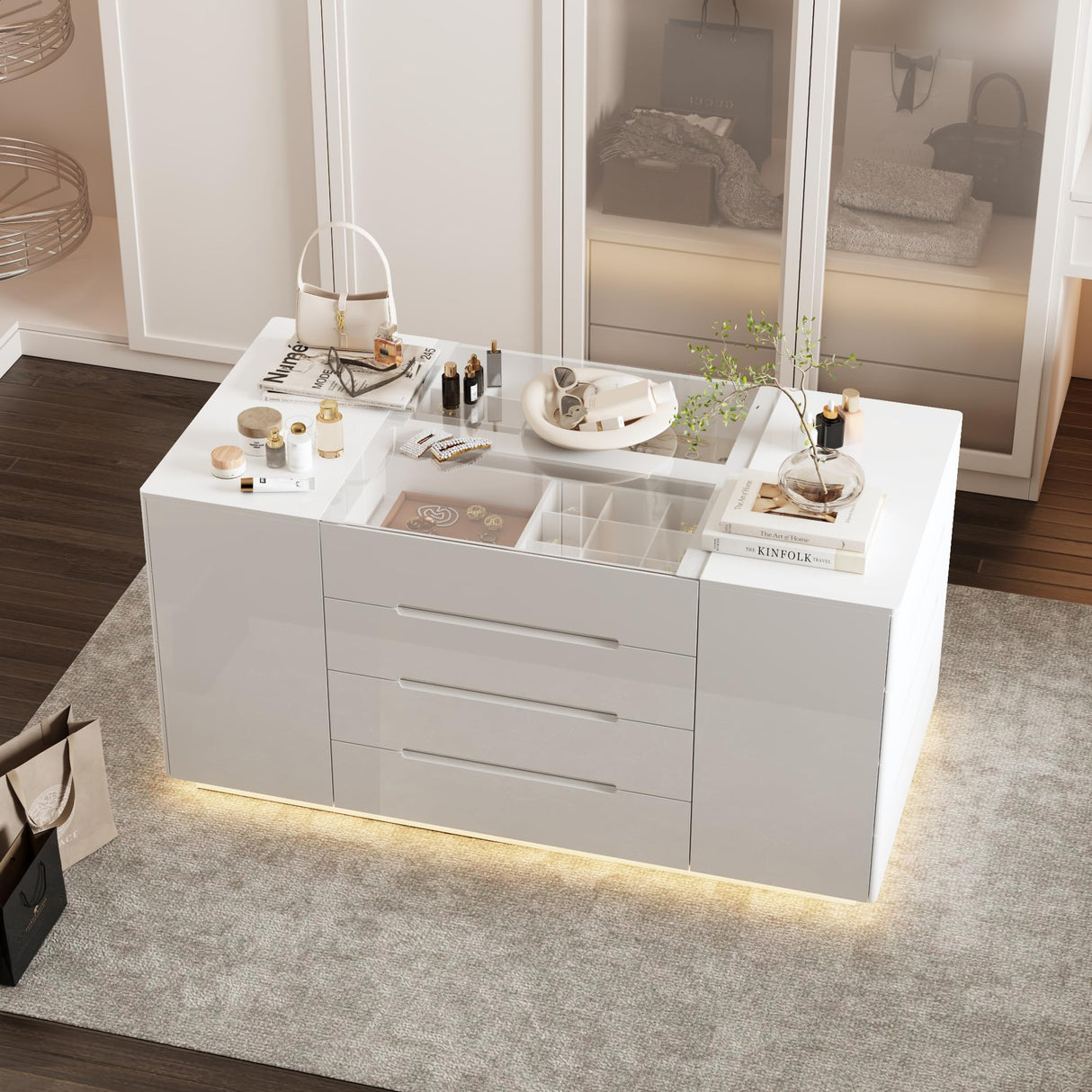 AGOTENI 63" W Closet Island with 16 Drawers, Glass Top & Lights, Modern Wooden Armoire Wardrobe Island with Drawer Organizers & Glossy Finish for Walk-in Closet Bedroom, White AGOTENI