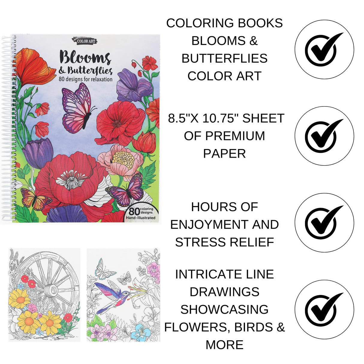 Leisure Arts Blooms & Butterflies Adult Coloring Book – Relaxation & Stress Relief with Intricate Floral, Butterfly Nature Designs, Premium Single-Sided Pages, 80 Sheets LEISURE ARTS