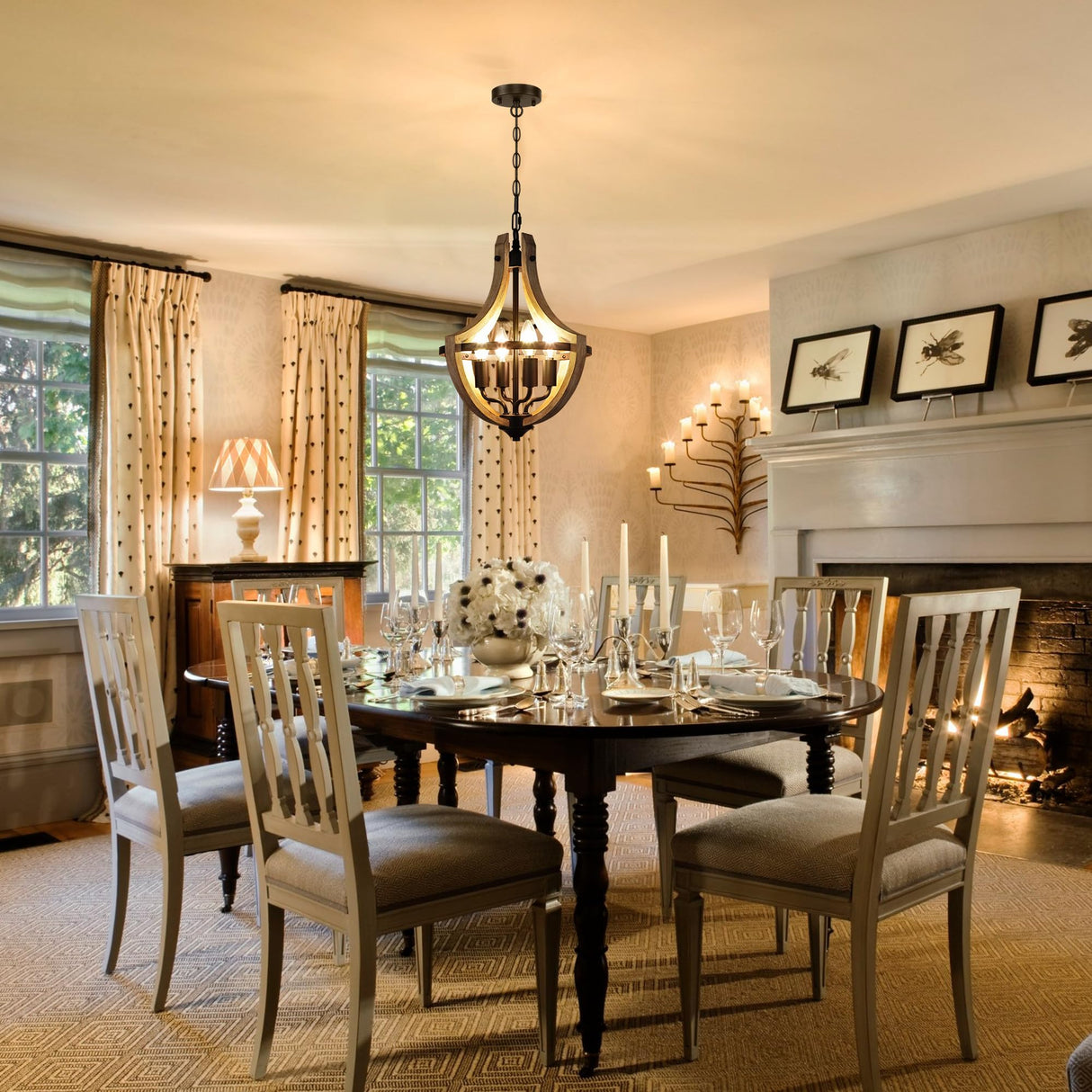 4-Light Farmhouse Dining Room Light Fixture, Adjustable Height Hanging Wood Vintage Pendant Lights for Kitchen Island Hallway Foyer Entryway Breakfast Area Bedroom Klgxnrd