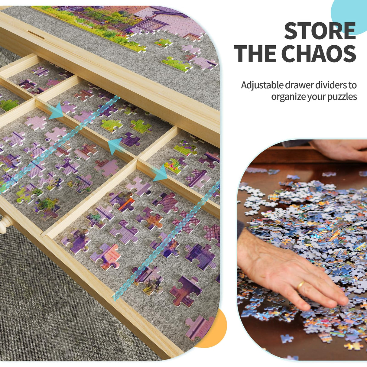 1500 Piece Jigsaw Puzzle Table with Legs for Adults, 5-Tilting-Angle & Height Adjustable Table with Draws, Wooden Puzzle Board with Extended Support Bar & 4 Wheels Easyego