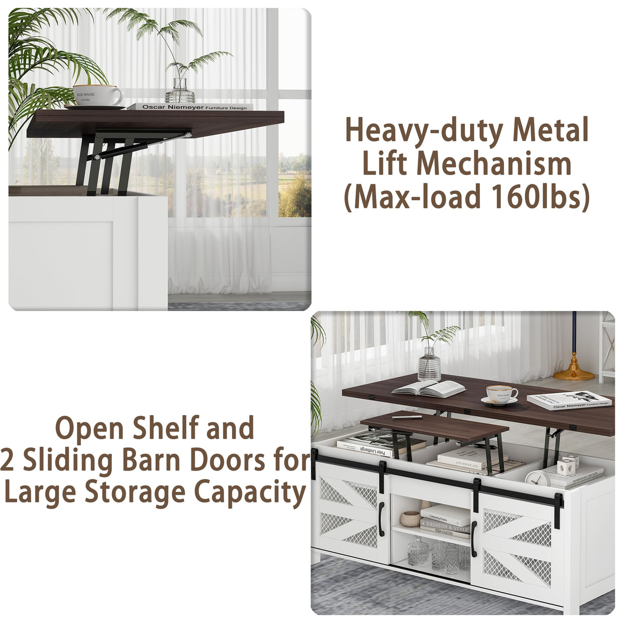 wanan 47.2" Lift Top Coffee Table, 4 in 1 Farmhouse Coffee Table with Sliding Barn Doors, Coffee Tables for Living Room, Dining Room (White) wanan