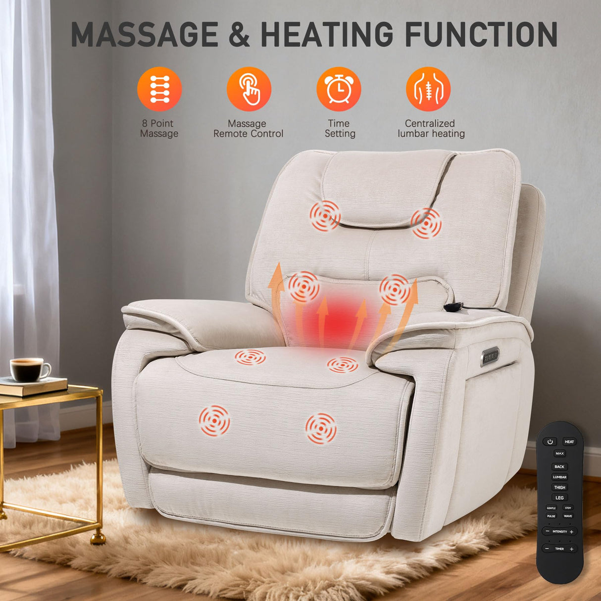 EONIX Triple Motor Lay Flat Zero Gravity Power Recliner Chair with Heat and Massage, Independent Adjustable Backrest Footrest Headrest, 400lbs Heavy Duty Medium Size, Stylish Chenille, Cream White EONIX