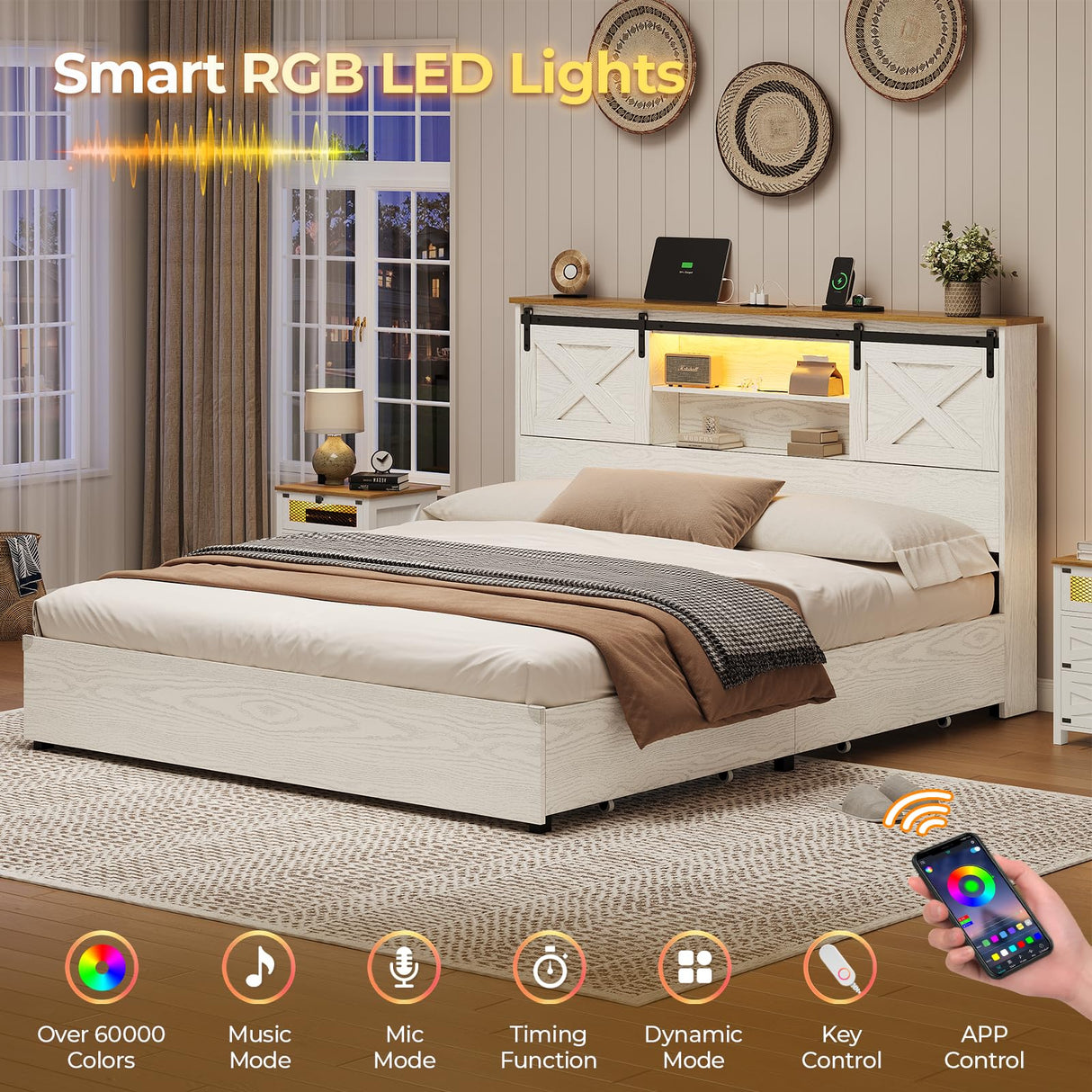 Hasuit Farmhouse Bed Frame King Size with 4 Storage Drawers, Wooden Platform King Beds with Charging Station and LED Lights, Rustic Bed with Storage Headboard and Sliding Barn Door Hasuit