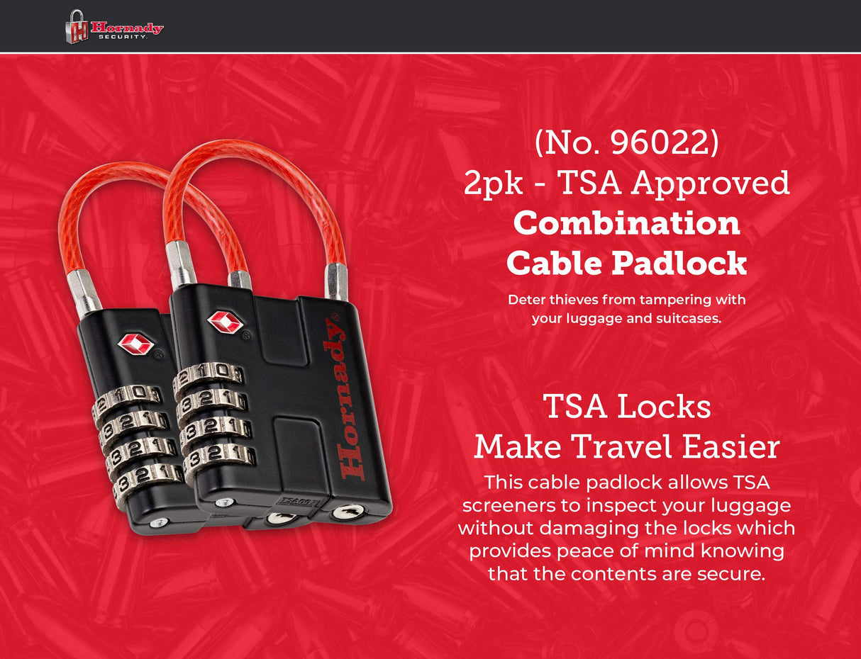 Hornady TSA Approved Cable PadLocks 2pk, 96022 - All Metal 4 Digit Combination Locks with a Flexible Wire Shackle, Inspection Indicator, & Easy to Read Dials -TSA Locks for Luggage, Backpack, Gun Case Hornady