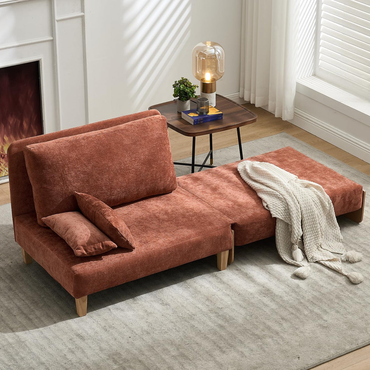 Lin-Utrend Convertible Sofa Bed with Wooden Arms,Convertable Single Sofa Futon Chair for Small Spaces,Foldable Sleeper Chair Bed for Living Room, Bedroom,Office (Orange) Lin-Utrend