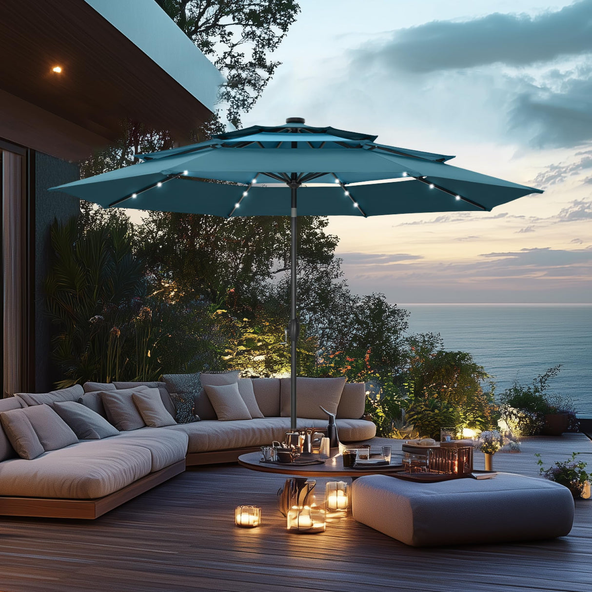 PHI VILLA 10ft Patio Umbrella with Solar Lights, Outdoor 3 Tier Vented Large Market Table Umbrella with 8 Sturdy Ribs and 1.5" Umbrellla Pole for Lawn Poolside Garden Terrace, Peacock Blue & Cerulean PHI VILLA