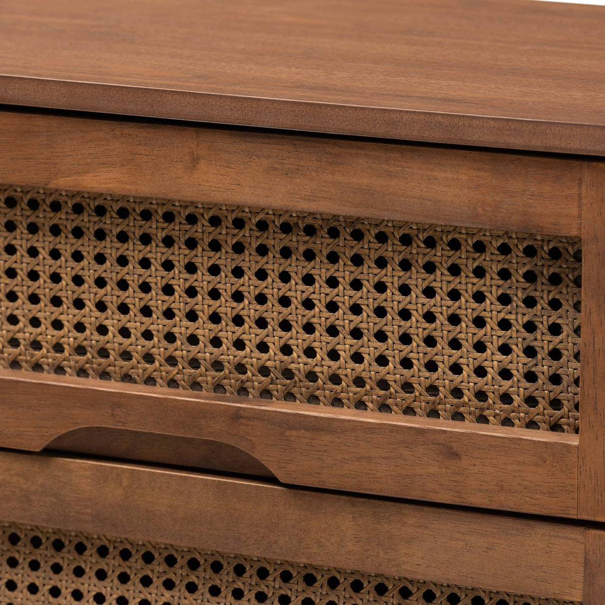Baxton Studio Barrett Mid-Century Modern Walnut Brown Finished Wood and Synthetic Rattan 6-Drawer Dresser Baxton Studio