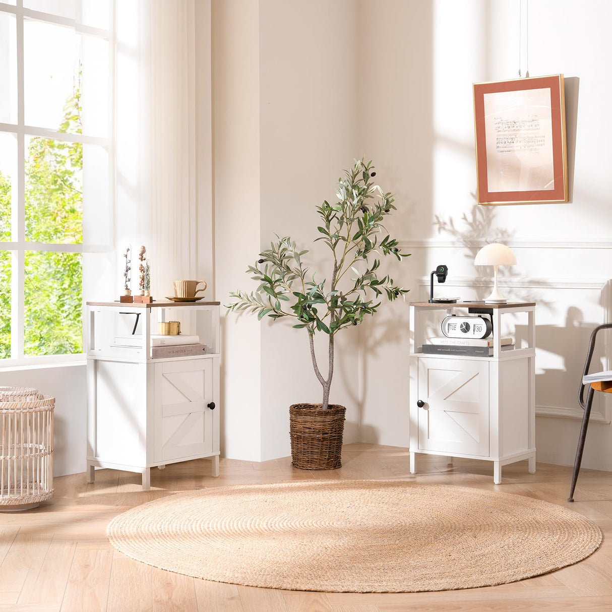 Yoobure Farmhouse Nightstand with Charging Station, Wood Night Stand End Table with USB Ports, LED Bed Side Table with Storage Cabinet, Bedside Table for Bedroom, Living Room White Yoobure