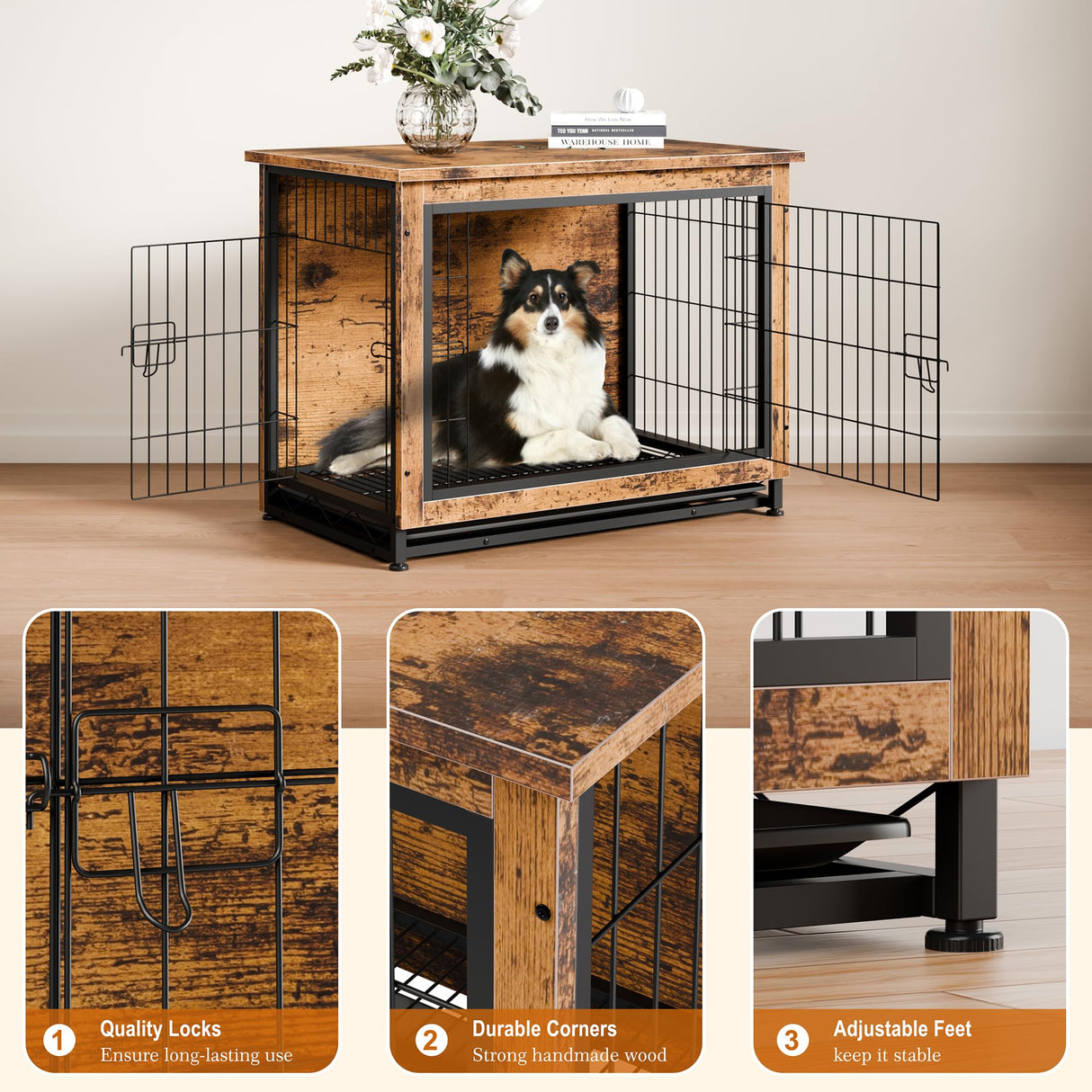 Vongrasig Dog Crate Furniture, Side End Table, Modern Wooden Kennel for Dogs Indoor, Heavy-Duty Dog Cage with Multi-Purpose Removable Tray, Double-Door Dog House, Rustic Brown Vongrasig