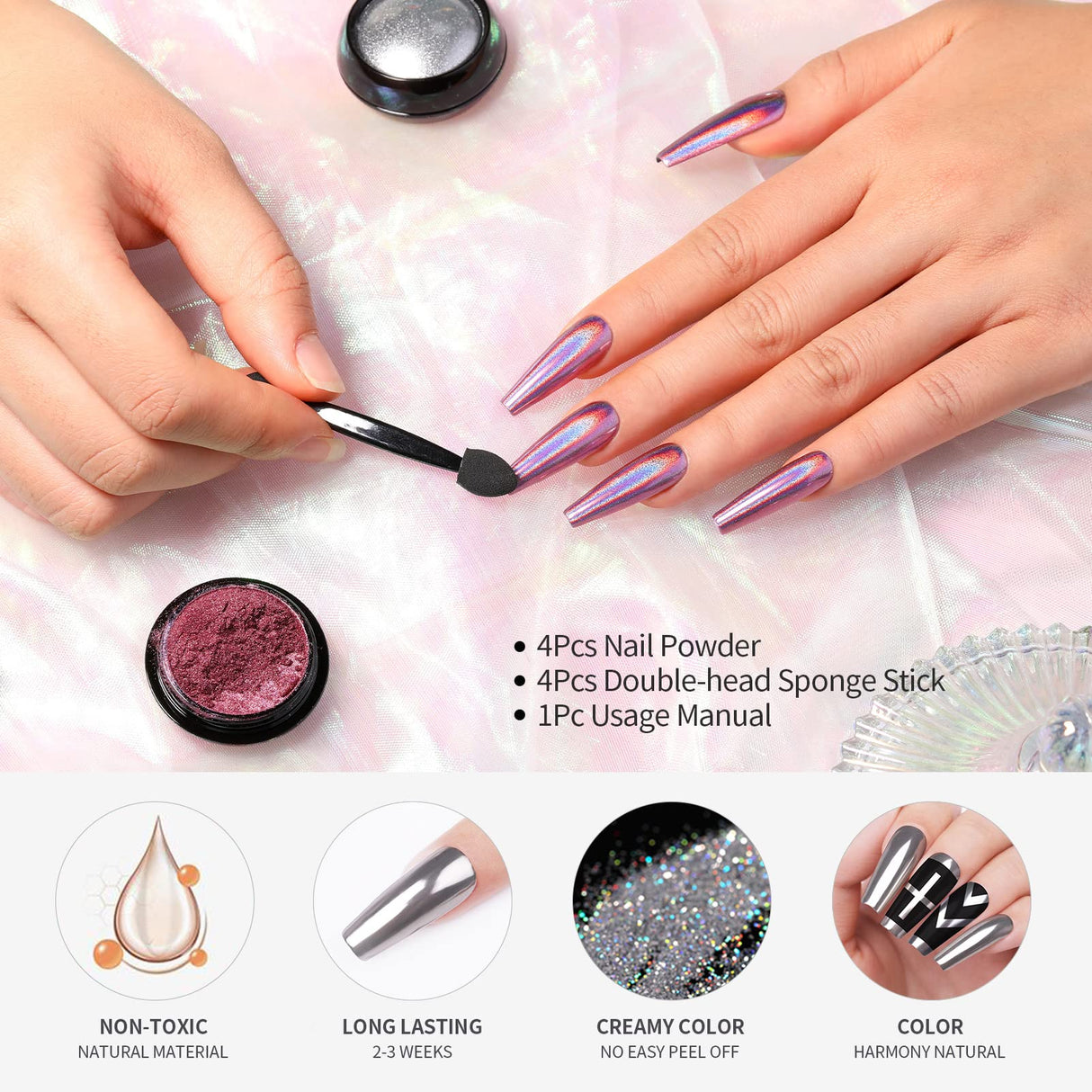 Born Pretty Chrome Nail Powder Metallic Mirror Powder Holographic Pigment Powder Manicure Nail Art Decoration Sets Silver Gold Pink Rose Gold 4 Boxes Born Pretty