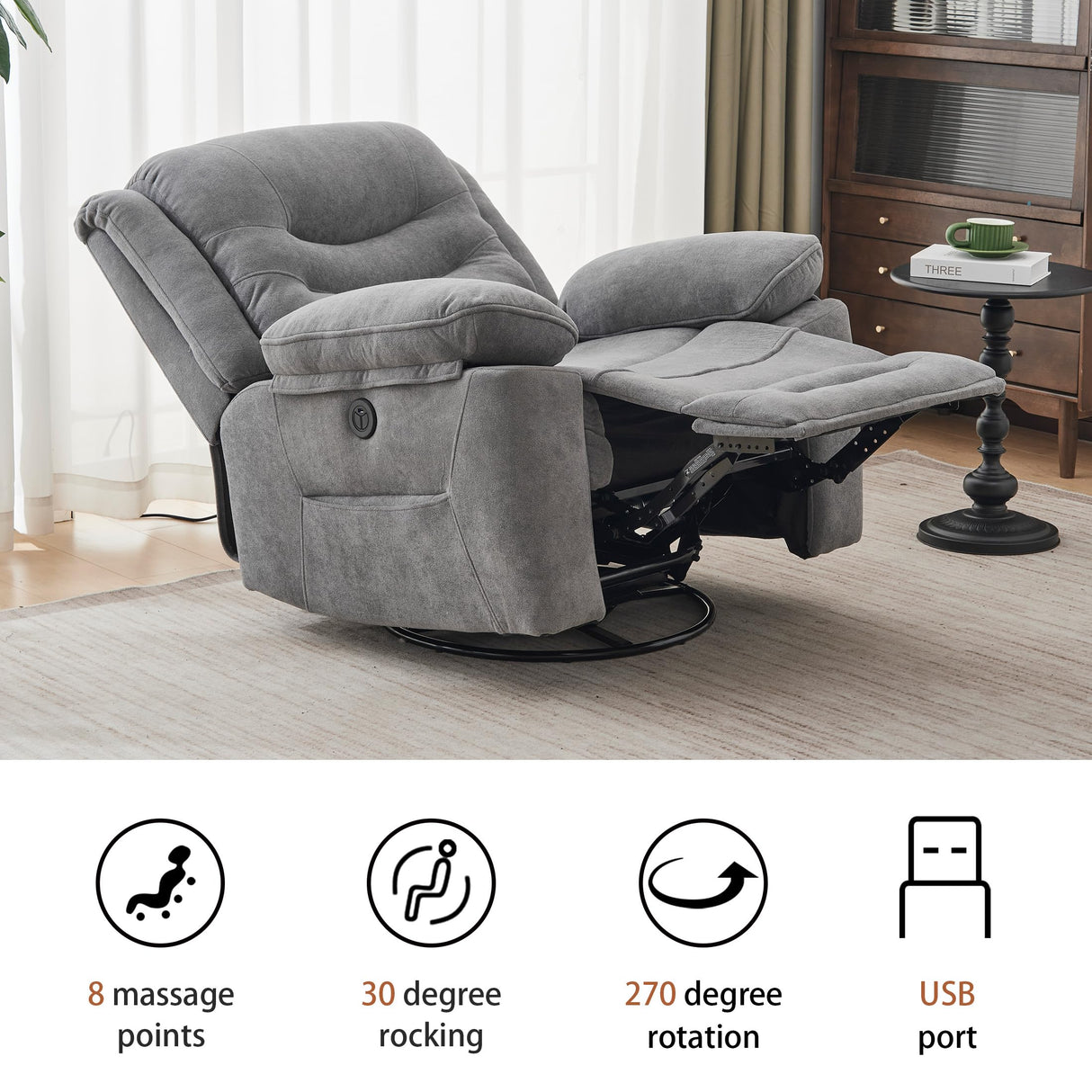 Ketaiyou Power Swivel Rocker Recliner with Massage and Heat, USB Port, Infinite Position, Oversized Electric Glider Rocking Chairs Living Room, Soft Fabric Reclining Sofa Chair(Misty Gray) Ketaiyou