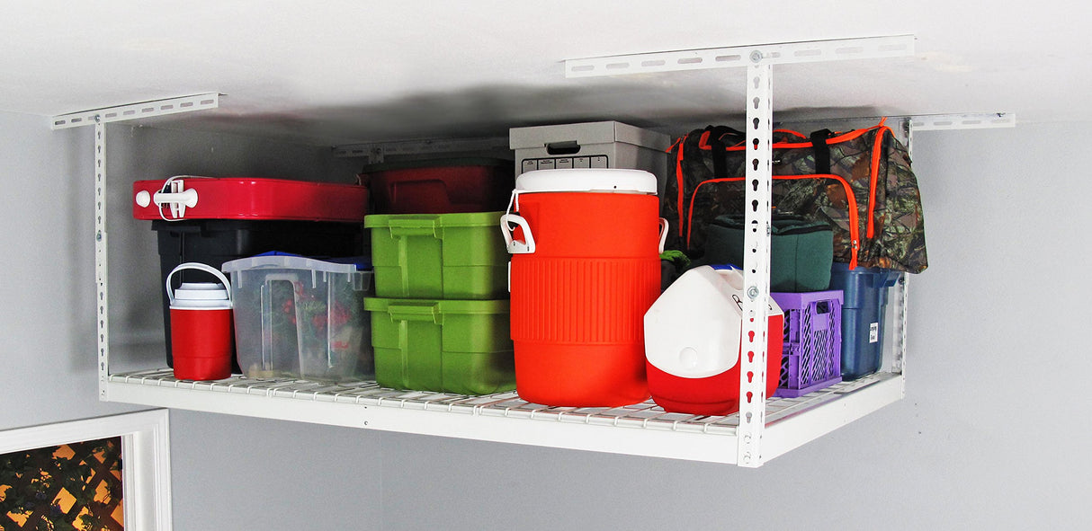 MonsterRax Overhead Garage Storage Racks 4x6, Ceiling Mounted Shelving, Adjustable Hanging Storage Organizer, Heavy Duty Steel, Holds 500 Pounds, Color: White, Adjusts 12"-21” off Ceiling MonsterRAX Storage Solutions