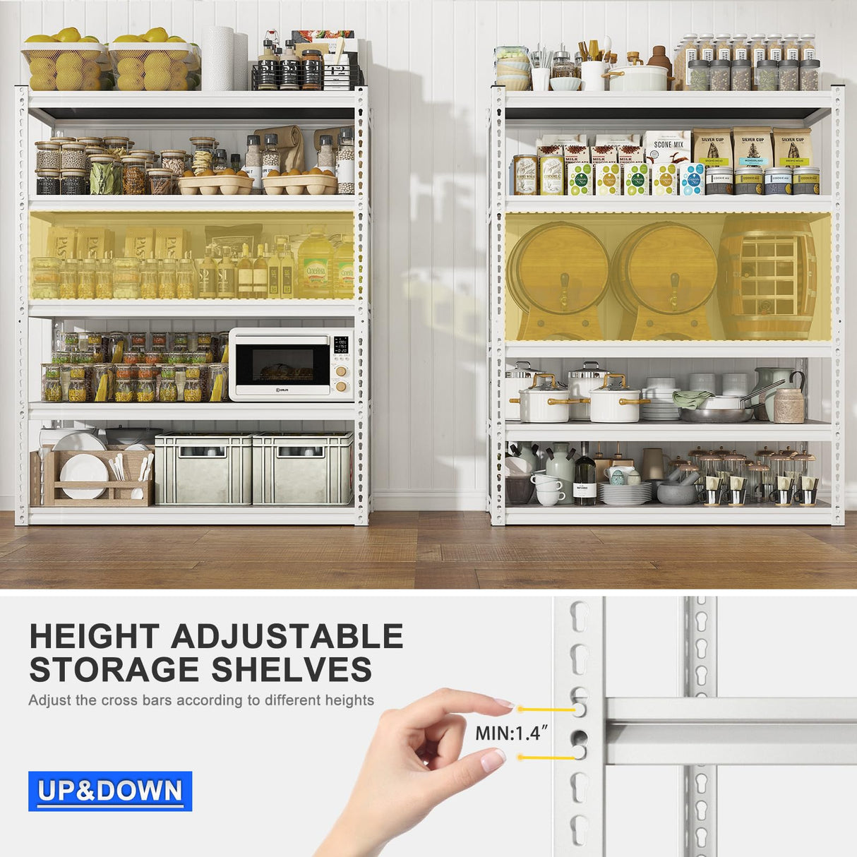 REIBII 65.74" H x 33.85" W x 15.35" D Storage Shelves, 2500LBS Adjustable Metal Shelving Unit, 5 Tier White Shelves for Pantry, Garage, Kitchen, Warehouse, White REIBII