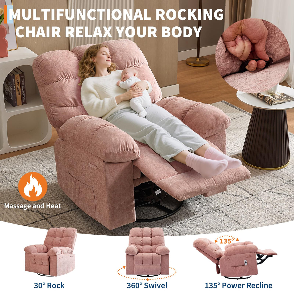 Tioutbot 360° Swivel Rocking Recliner Chair with Massage & Heat, Rocker Recliner with Vibration and Side Pocket for Living Room, Bedroom & Nursery Tioutbot