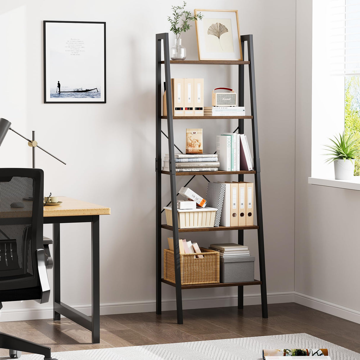 FINETONES 5-Tier Ladder Shelf, Ladder Bookshelf Bookcase with Metal Frame, Plant Rack Display Shelf Accent Furniture for Home Office, Black/Rustic Brown FINETONES