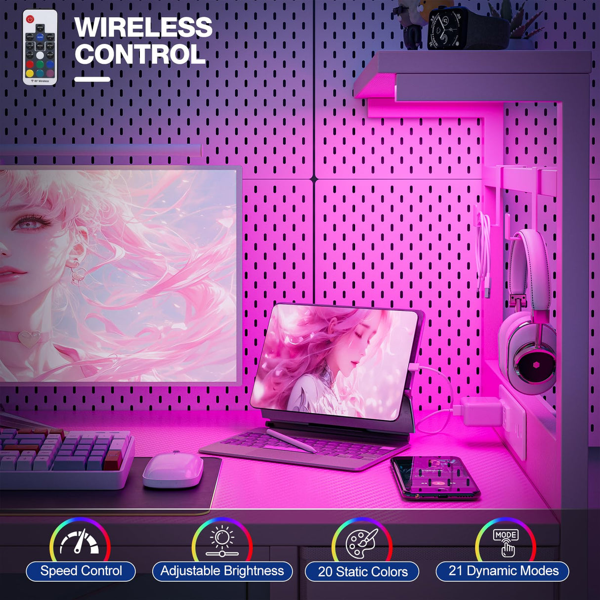 Grandder Gaming Desk 40 Inch with Power Outlet and LED Light, Computer Desk with Reversible Shelves and Storage Drawer, Pc Small Desk for Home Office Table with Bag, Carbon Fiber Pink Grandder