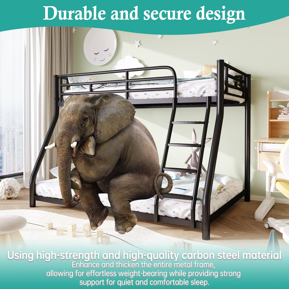 Metal Twin Over Full Bunk Bed,Bunk Beds Twin Over Full Size with Removable Wide Ladder and Full-Length Guardrail,Low Full BunkBeds Frame Heavy Duty steel Slat Support For Adults Kids and Young Teens erosoei