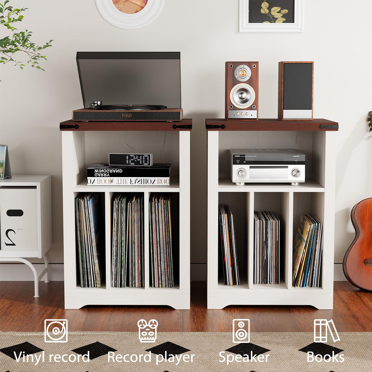 BEWISHOME Record Player Stand, Wood Turntable Stand with Vinyl Record Storage Up to 160 Albums, Farmhouse Record Player Table for Living Room Bedroom, White KCZ01W BEWISHOME