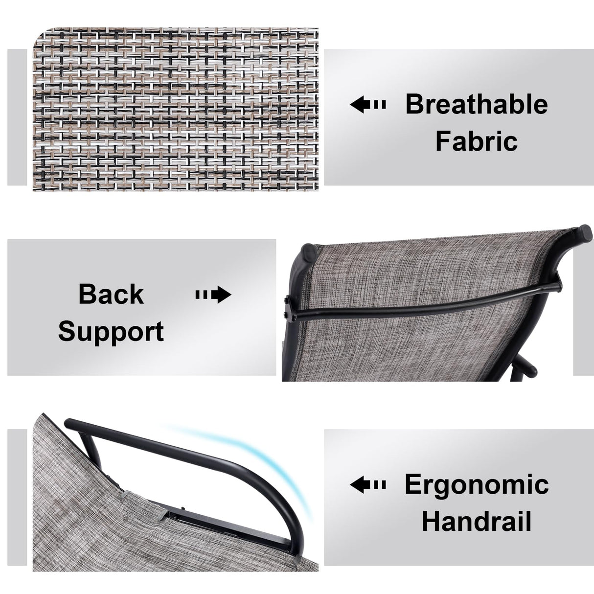 Patio Lounge Chairs Set of 2, Outdoor Glider Recliner Chair Set, 2 PCS Rocking Chairs with Breathable Mesh Fabric Swing Chairs with Foot Rest for Sunbathing, Lawn, Garden or Pool, Grey Garturects