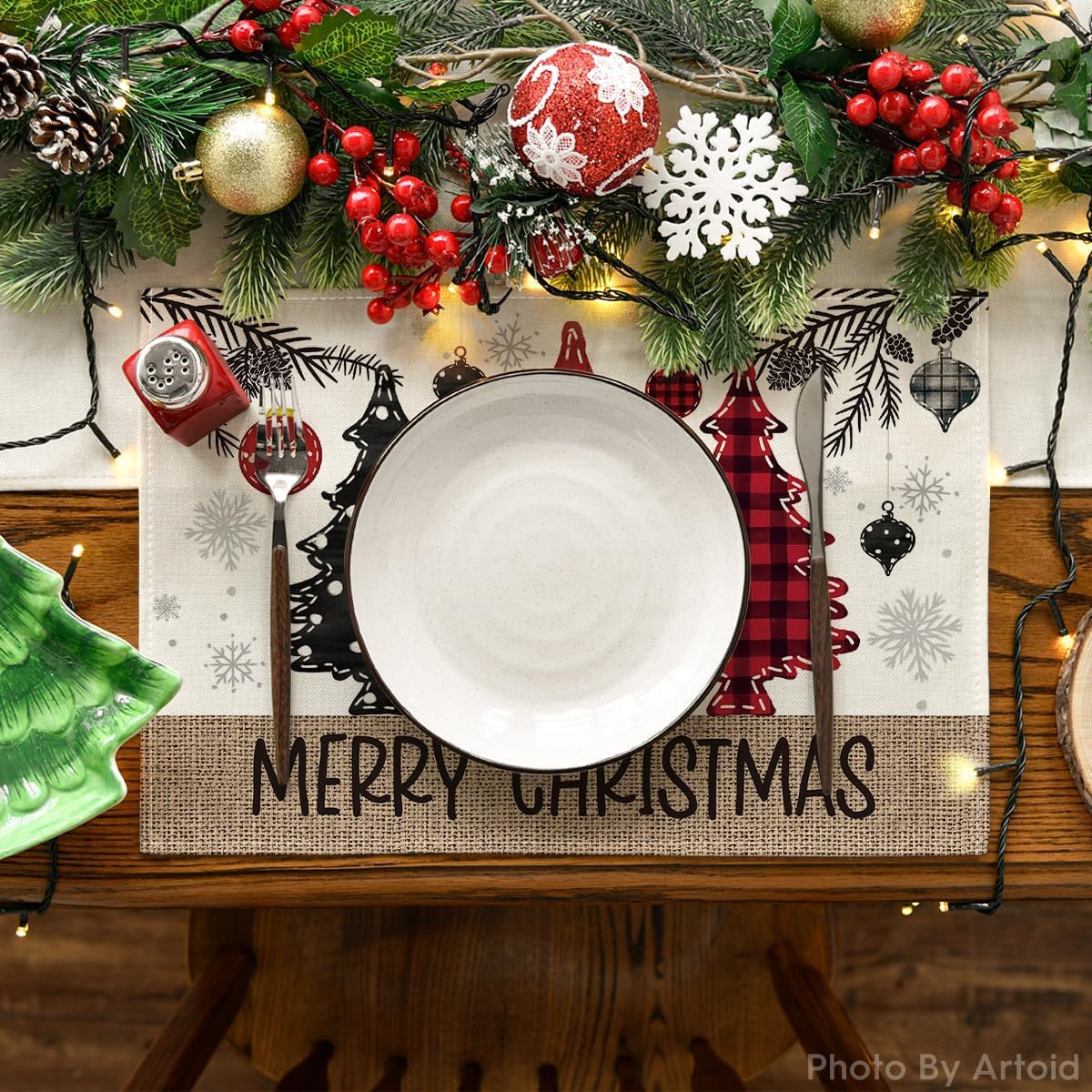 Artoid Mode Red Pine Trees Balls Merry Christmas Placemats Set of 4, 12x18 Inch Winter Xmas Table Mats for Party Kitchen Dining Decoration Artoid Mode