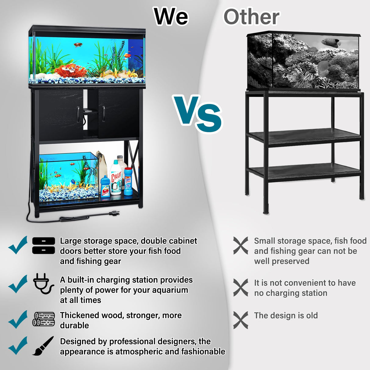 TC-HOMENY 10-29 Gallon Aquarium Stand with Charging Station and Cable Holes, Metal Fish Tank Stand with Storage Cabinet, 29" L x 16.5" W Tabletop, 880LBS Capacity TC-HOMENY