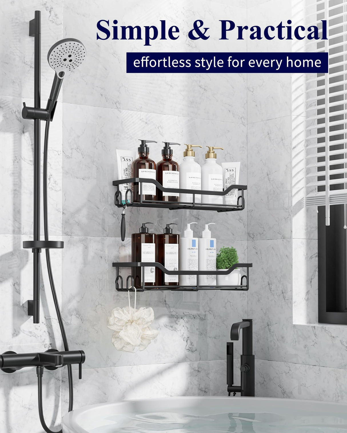 Kitsure Shower Caddy Large - Adhesive Shower Organizer, Stainless Steel Shelf for Inside Shower, No Drill Bathroom Organizers and Storage, Home Decor Accessories, 2 Pack, Black Kitsure