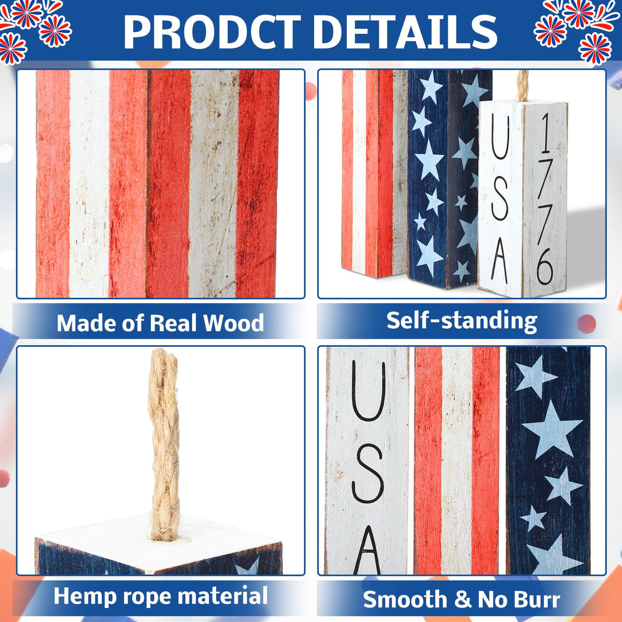 Amyhill 3 Pcs 4th of July Wooden Table Decorations Patriotic Table Centerpieces Independence Day Wood Firework Fourth of July Table Signs for Home Farmhouse Decor(Classic Style) Amyhill