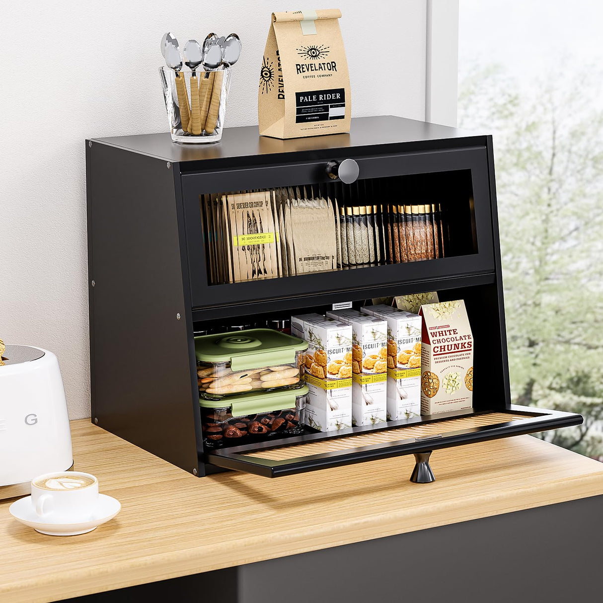 JUATPNIY Bread Boxes for Kitchen Counter Airtight Bread Storage Bread Container Large Wooden Farmhouse Bread Box with Window (Black) JUATPNIY