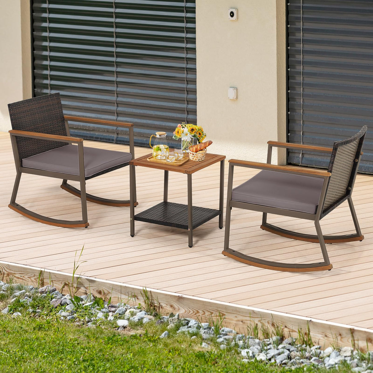 Tangkula 3 Pieces Rocking Bistro Set, Outdoor Rocker Chair with Coffee Table & Cushions, Patio Rattan Furniture Conversation Set for Balcony Porch Poolside (Gray) Tangkula