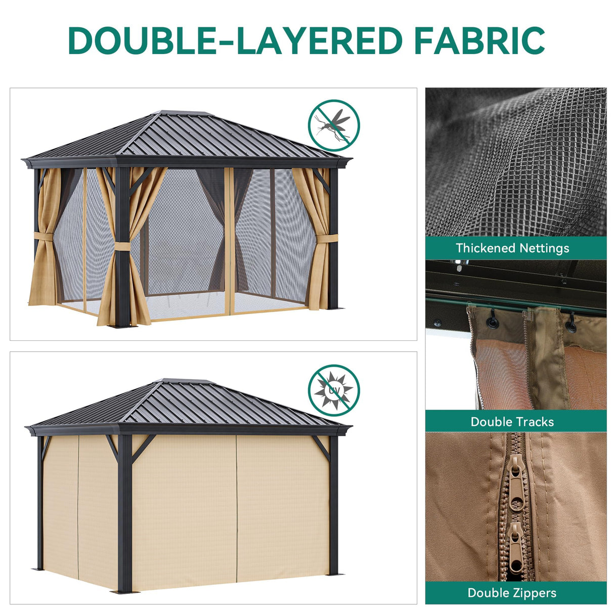 DWVO 10x12ft Hardtop Gazebo with Nettings and Curtains, Heavy Duty Galvanized Steel Outdoor Vertical Stripes Roof for Patio, Backyard, Deck, Lawns, Brown DWVO