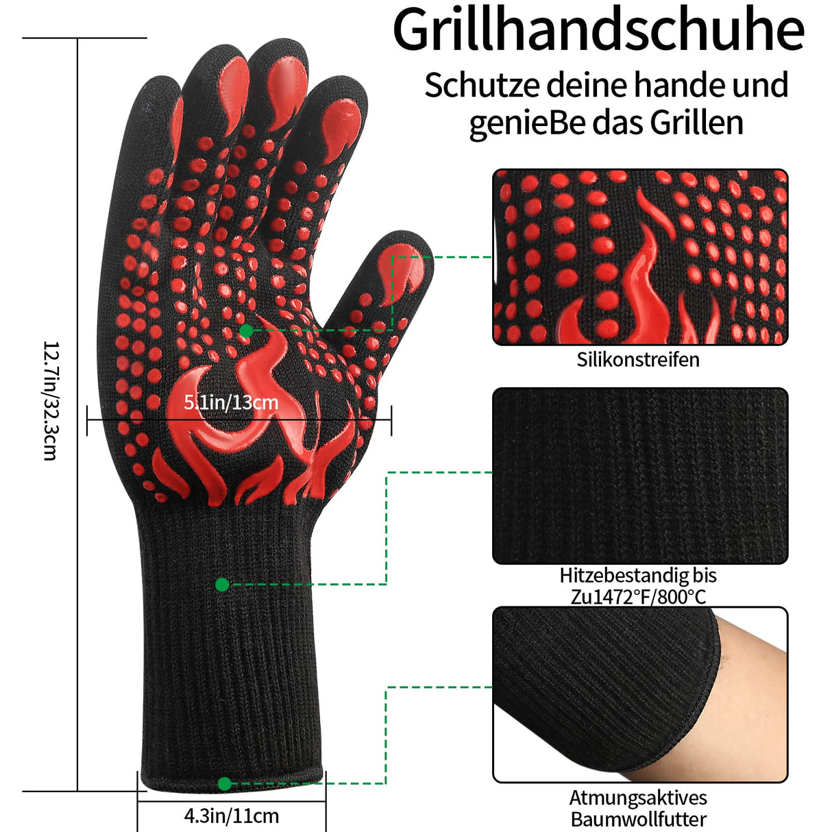 HexinYigjly 1 Pair/2 Pieces BBQ Gloves, Grilling Gloves, Heat Resistant Barbecue Oven Gloves, 1472°F/800°C Kitchen Fireproof Mitts Heat Proof for Grilling, Baking, Cooking, Welding Gloves Mitts - Red HexinYigjly
