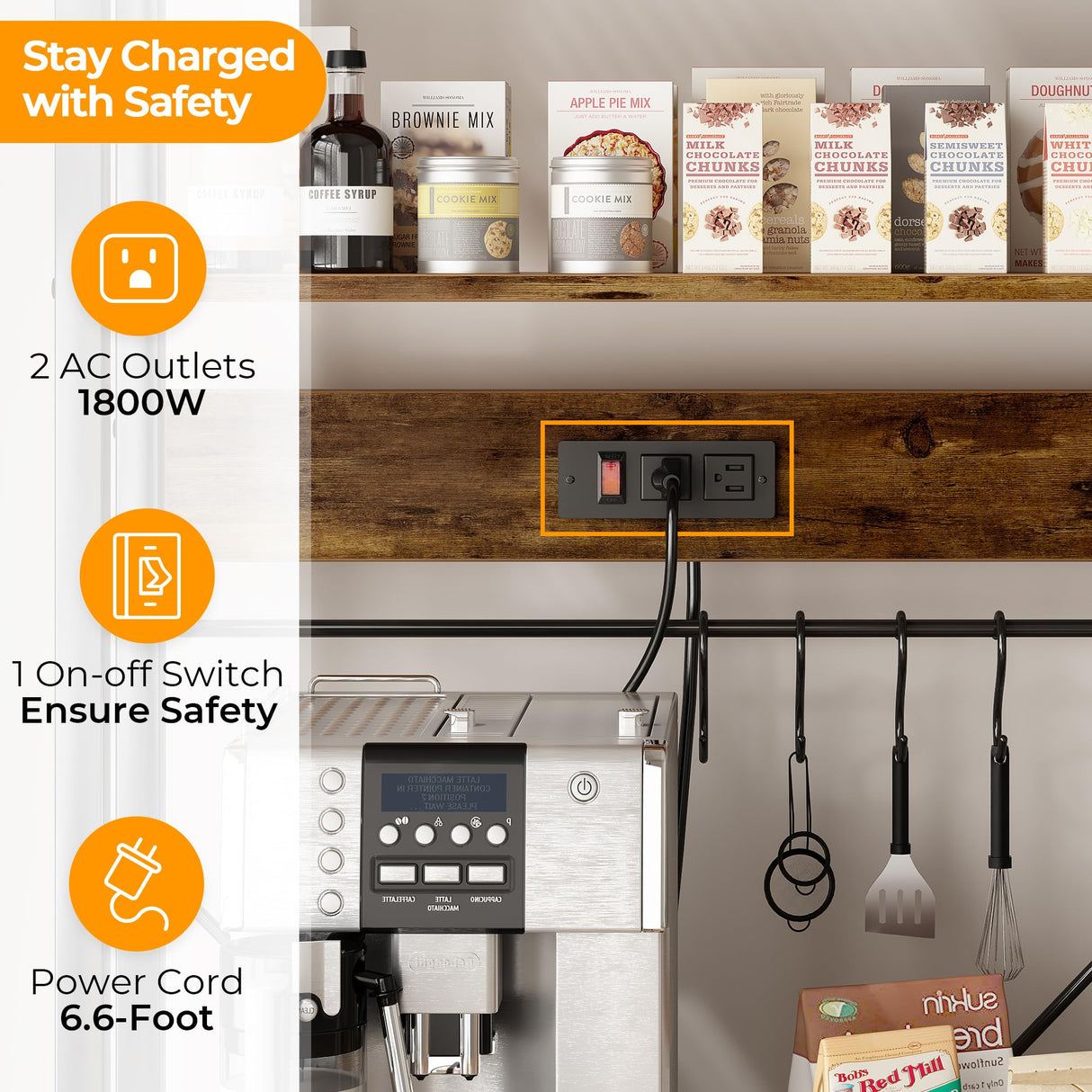 SUPERJARE Rustic Brown 6-Tier Bakers Rack with Power Outlets and Storage Hooks SUPERJARE