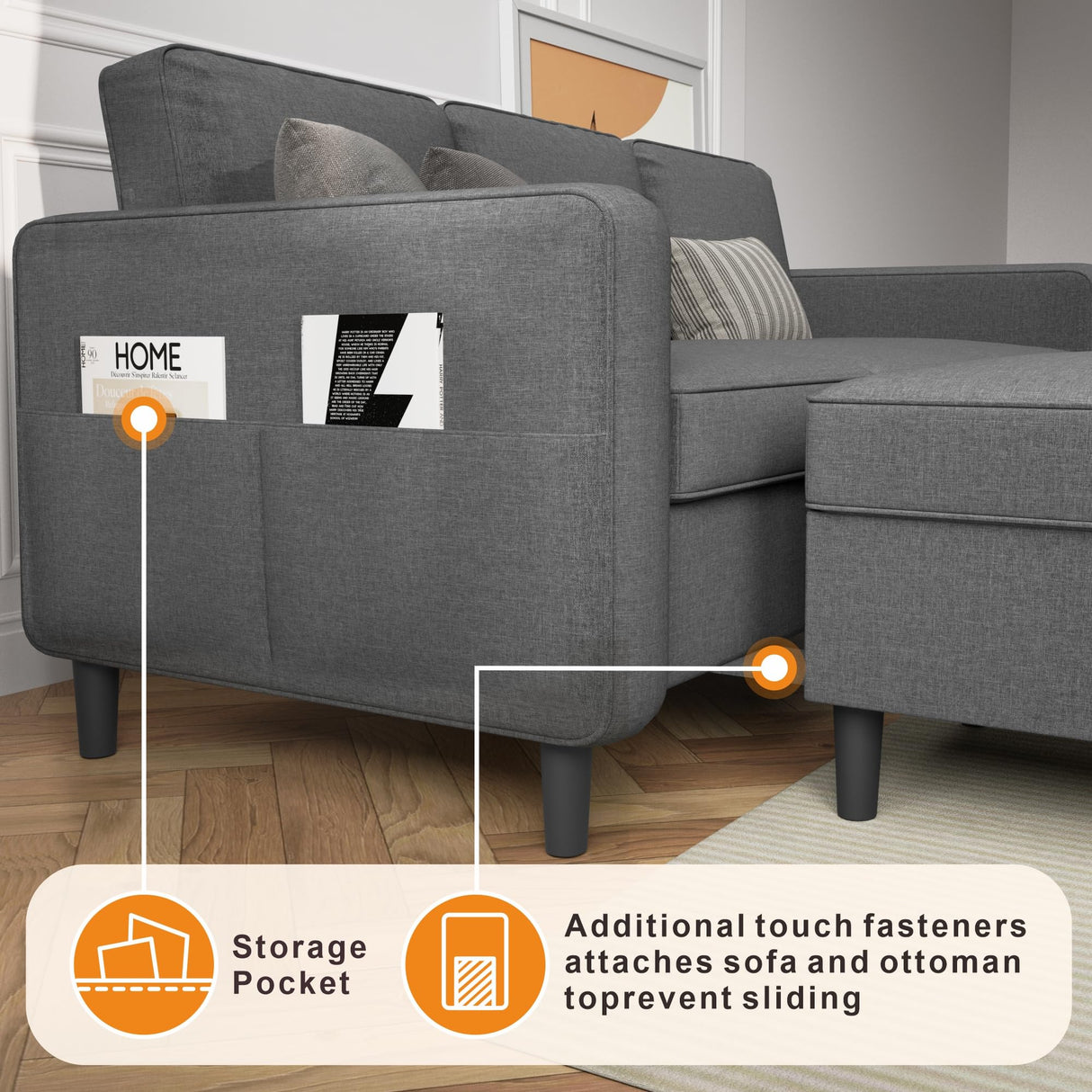 Sectional Sofa Couches for Living Room - 78'' Dark Grey 3 Seat L-Shaped Couch with Storage Ottoman, Modern Linen Convertible Sectionals Sofas with Chaise for Apartment, Office, Small Space Lonkwa