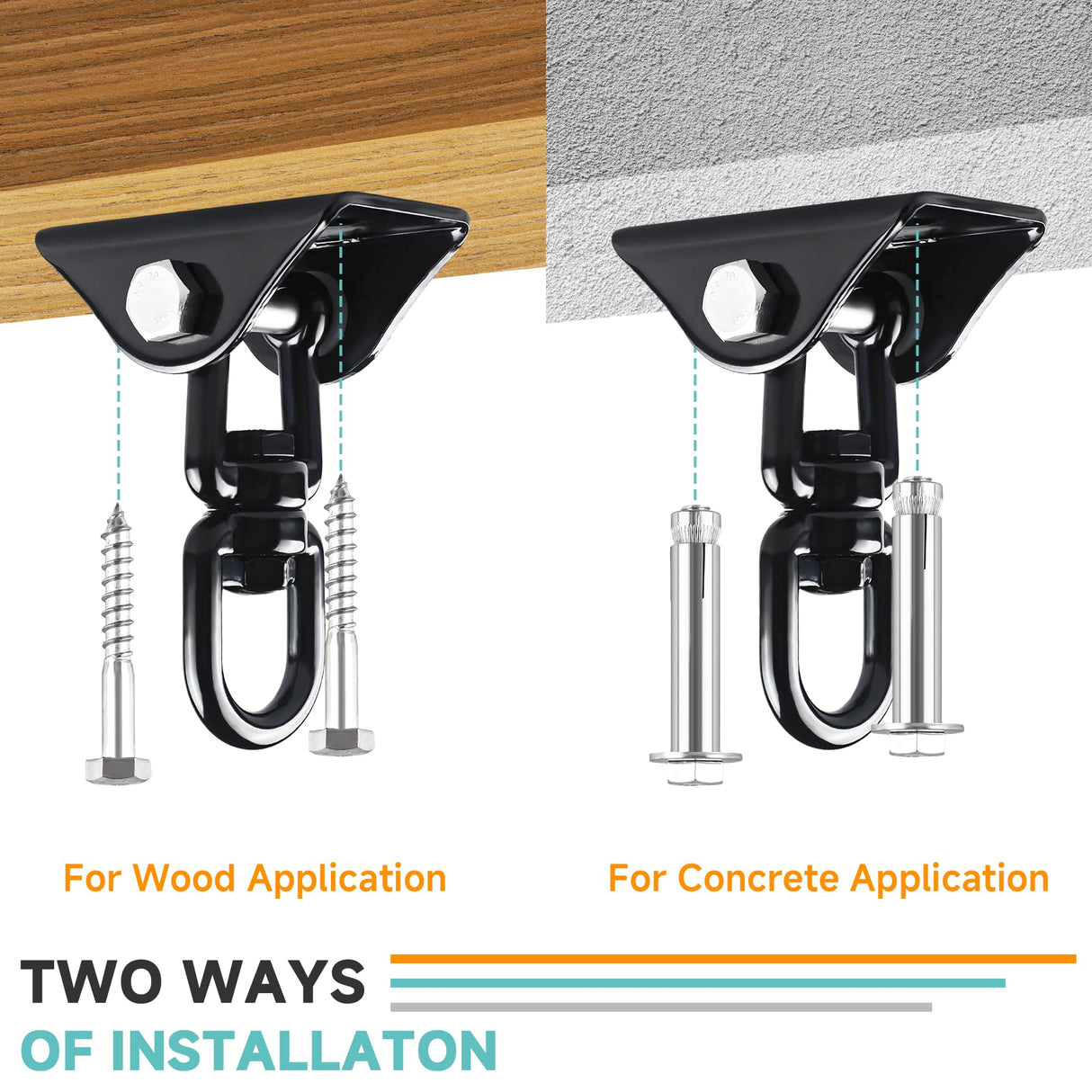 360°Rotating Hammock Hanging Kit, Heavy Duty 1200 lb Capacity Stainless Steel Hanging Swing Hooks, 1 Pack Swing Hanger for Yoga, Hammock Chair, Sandbag, Swing Sets(Black SKYPHAROS