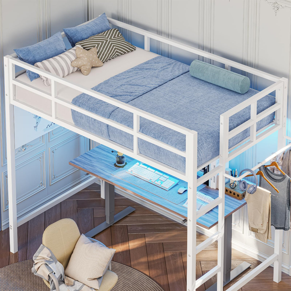 Hasuit Space-Saving Twin Loft Bed with RGB LED Lights and Guardrail, Metal Frame with Clothes Rack Hasuit