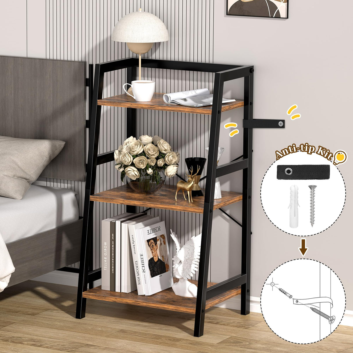 3-Tier Bookshelf, Ladder Shelf, Industrial Bookcase with Steel Frame, Metal Small Bookcase, Stand up Shelves for Living Room, Home Office, Kitchen, Bedroom, Industrial Style(Rustic Brown & Black) Homedawn
