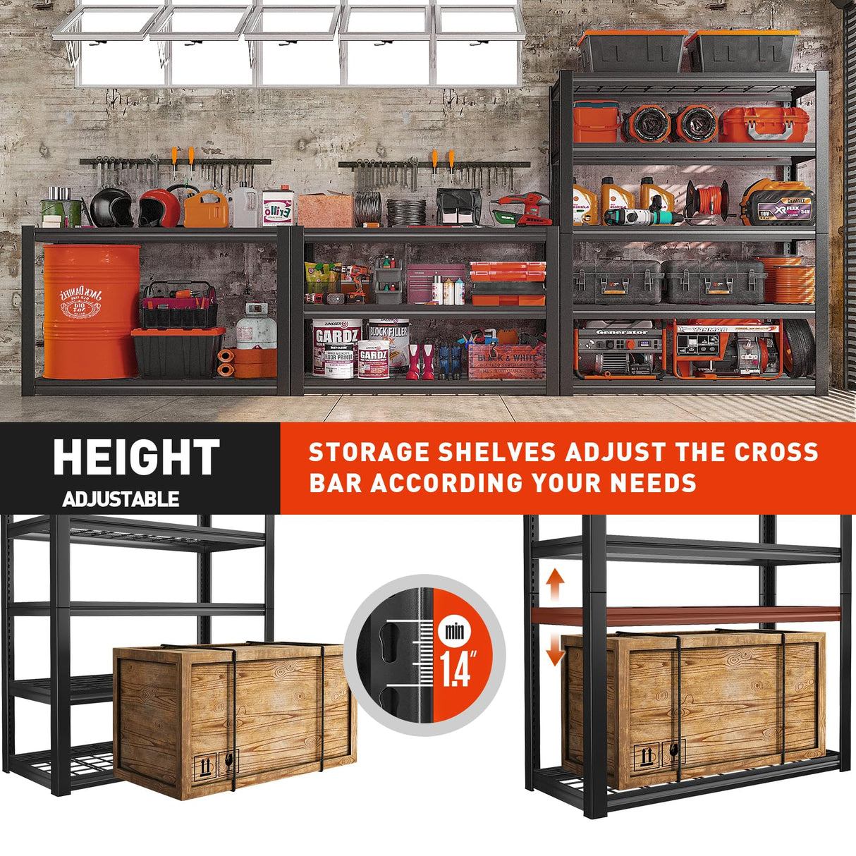 REIBII Garage Shelving Heavy Duty Loads 2500LBS 40" W Garage Storage Shelves Heavy Duty Shelving 72"H Adjustable Metal Shelving for Storage Rack 5 Tier Industrial Utility Shelf, 40"Wx18"Dx72"H, Black REIBII