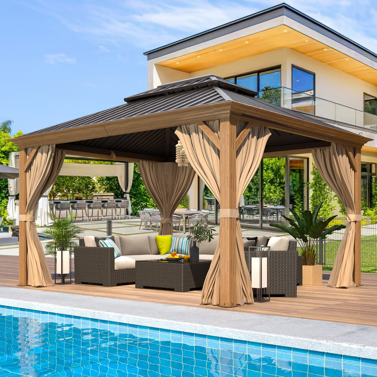 EROMMY 10' x 12' Gazebo, Wooden Finish Coated Aluminum Frame Canopy with Double Galvanized Steel Hardtop Roof, Outdoor Permanent Metal Pavilion with EROMMY