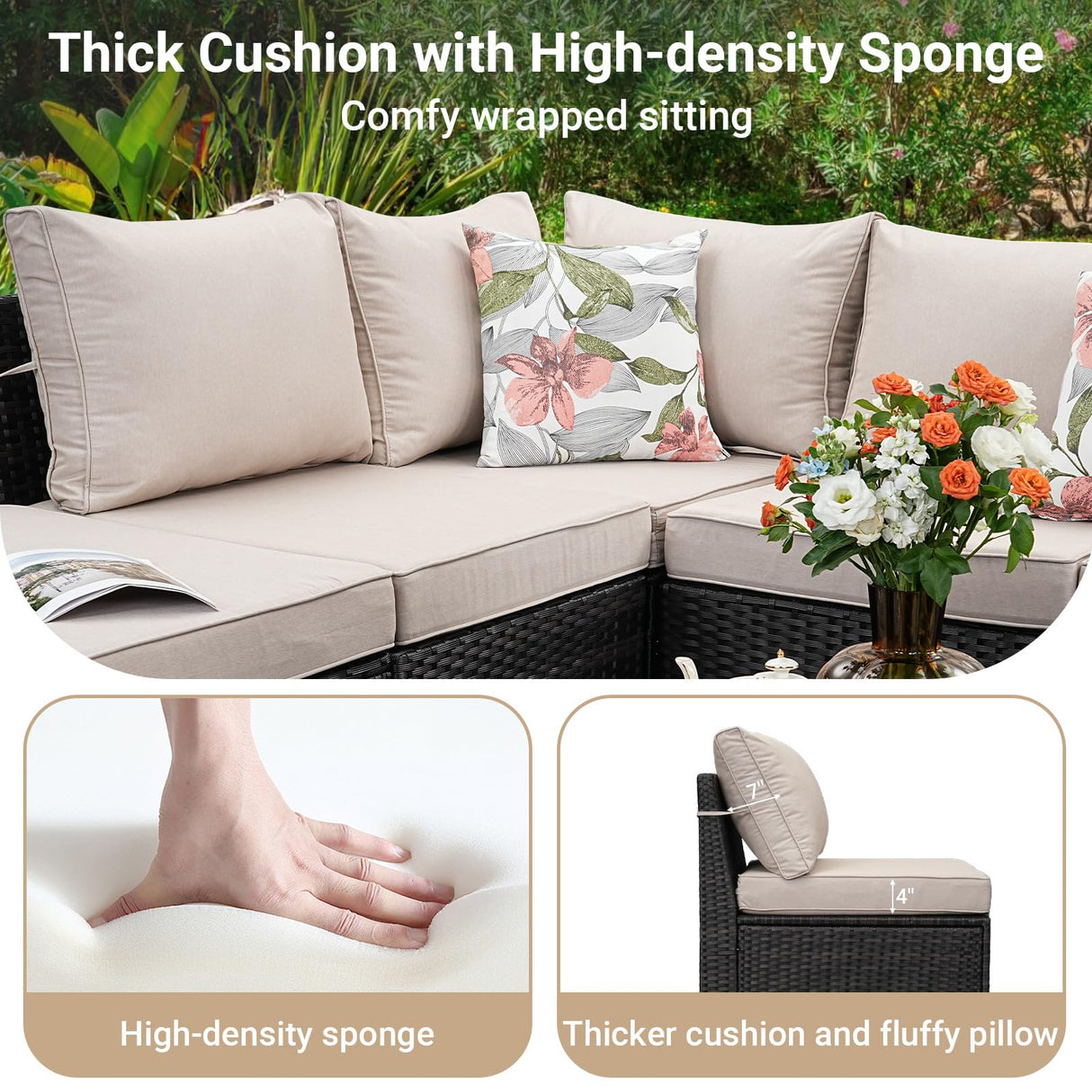 Jing's Villa 8-Piece Patio Furniture Set, All-Weather Outdoor Wicker Sectional Sofa with Cushions, Glass Table & Left and Right Armrest, Rattan Conversation Seating for Porch, Garden, Backyard,Beige Jing's Villa