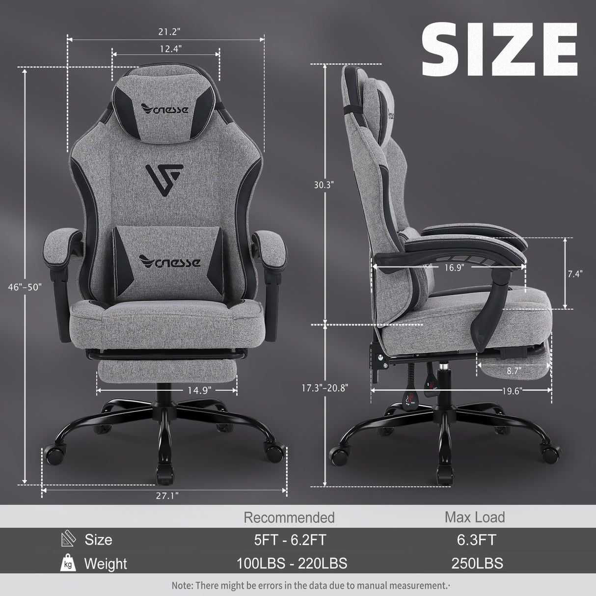 Vonesse Gaming Chair, Computer Chair Fabric with Pocket Spring Cushion, Office Chair with Footrest and Massage Lumbar Support, Reclining Gaming Chairs for Adults 250LBS (Grey) Vonesse