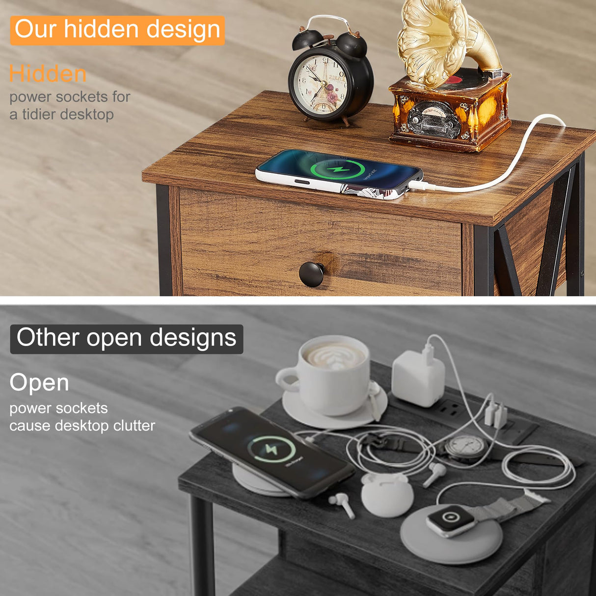 VECELO Nightstand, Bedside End Tables with Charging Station, USB Ports, Drawer Shelf, Night Stand for Bedroom Living Room 2-Pack, Brown VECELO