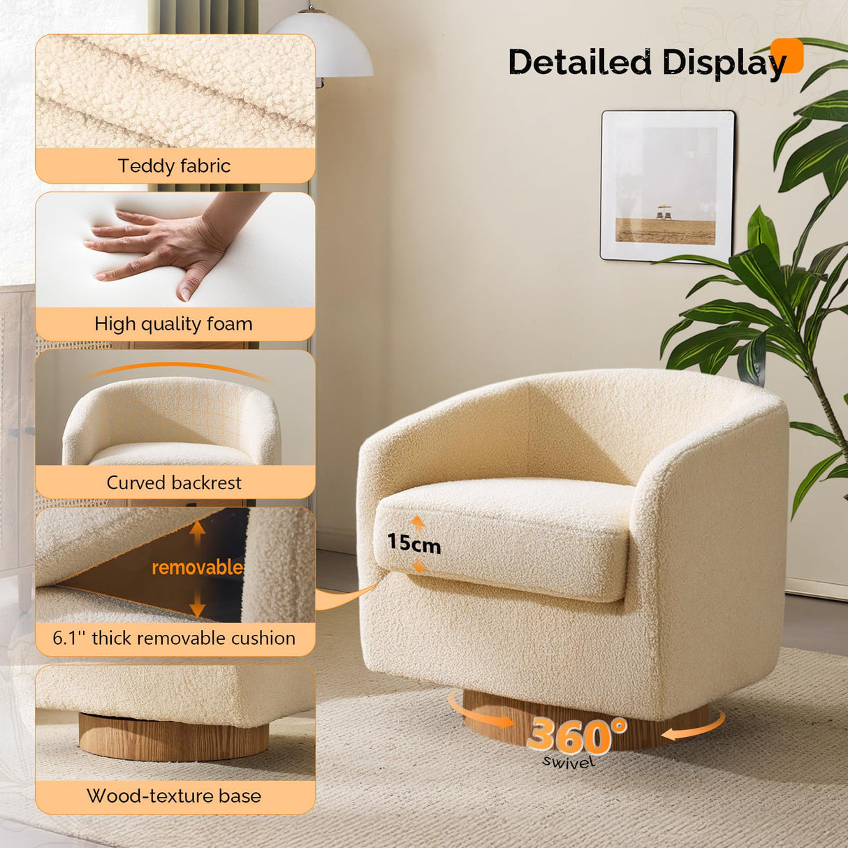 VINGLI 360°Swivel Accent Chair with Engineered Wood Base and Removable Cushion for Living Room, Bedroom, Curved Back Barrel Chair for Small Space, Upholstered Bucket Armchair, Teddy Khaki VINGLI