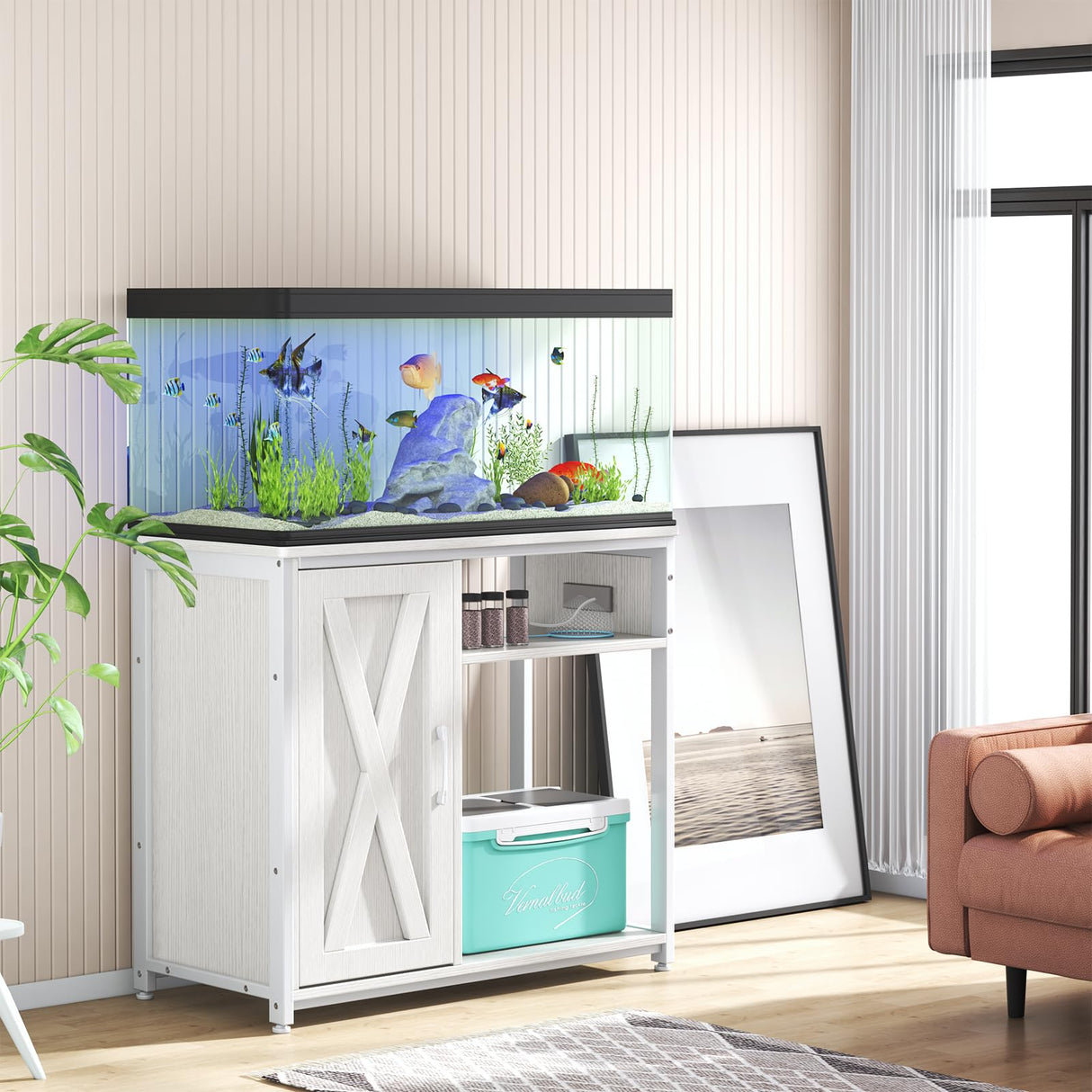 ZERDER Aquarium Stand with Power Outlets, Cabinet for Fish Tank Accessories Storage, Heavy Duty Metal Fish Tank Stand for Turtle Tank (White, 40-50 Gallons) ZERDER